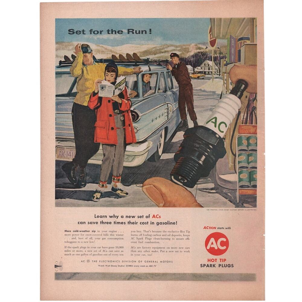AC Spark Plug Magazine Advertisement Vintage Car Part 1958 Station Wagon Skiing